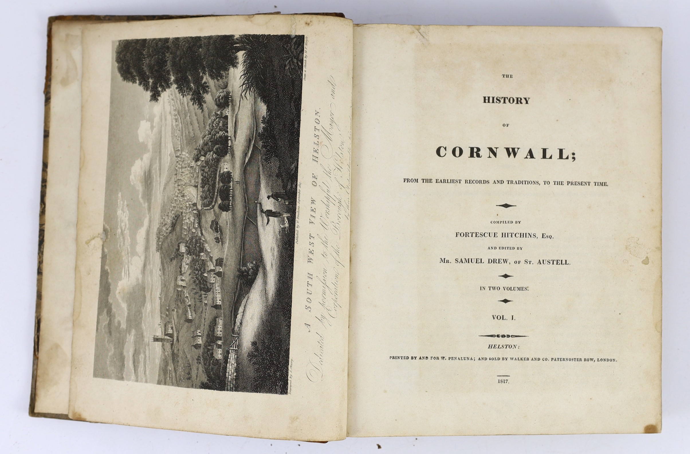 CORNWALL: Hitchins, Fortescue - The History of Cornwall ... Edited by Mr Samuel Drew, of St. Austell. 2 vols. 11 plates; contemp. gilt-ruled and blind-decorated calf and marbled boards, 4to. Helston, 1817-24 (2)
